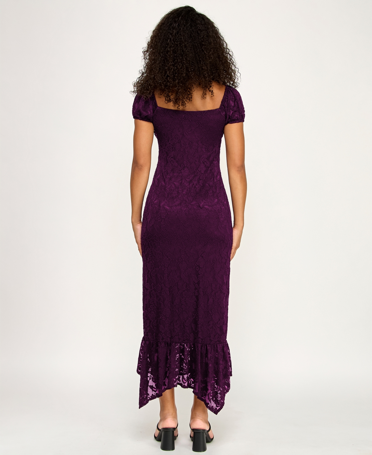 Emerald Sundae Junior's Lace Puff-sleeve Dress In Purple