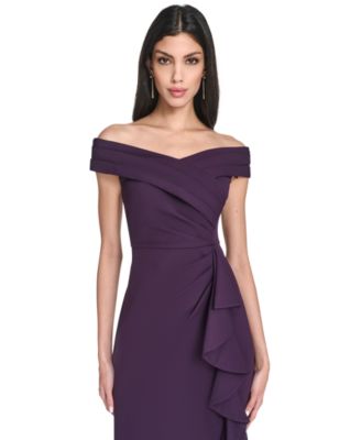 Petite Off Shoulder Pleated Ruffle Gown