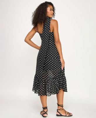 Juniors' Polka Dot Sweetheart Neck Midi Dress with Scarf