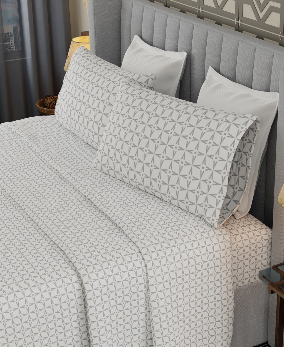 Color Sense Brushed Cool Crisp Printed Cotton 4-pc. Sheet Set, Queen In Gray