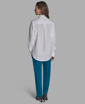 Women's Rhinestone Button-Down Collared Top