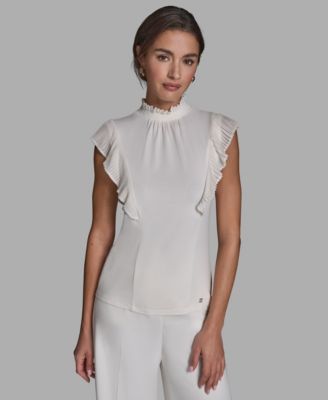 Women's Pleated Mock Neck Flutter Sleeve Top