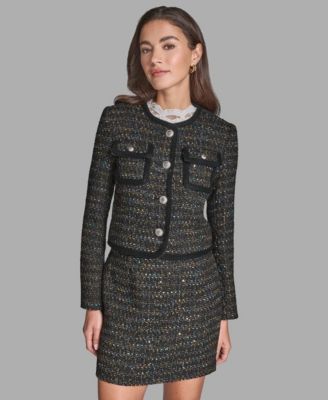 Women's Button-Front Collarless Tweed Jacket
