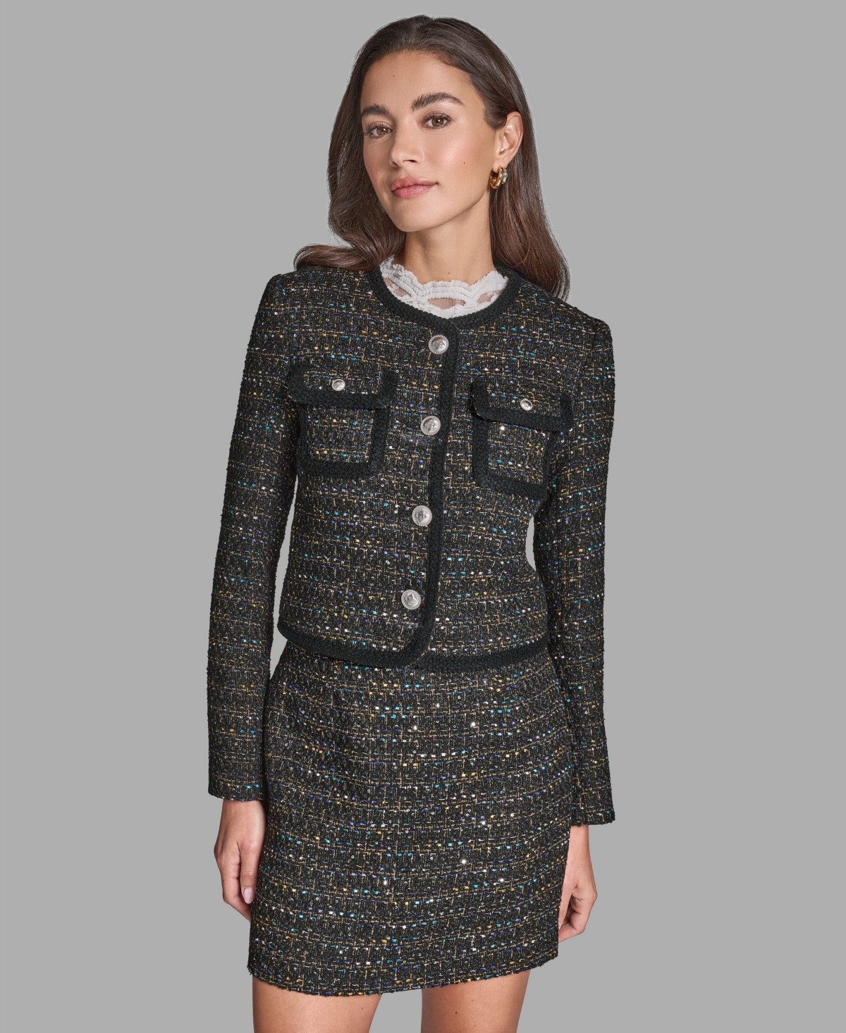 Bcbg Women's Button-Front Collarless Tweed Jacket