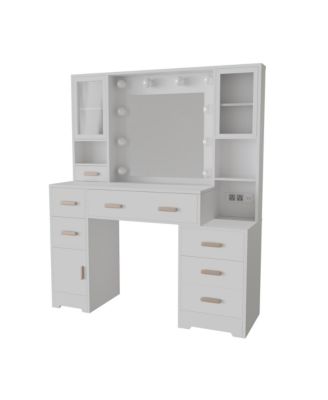 Makeup Vanity Desk with Mirror, Lights, Charging Station, 7 Drawers and 3 Cabinets