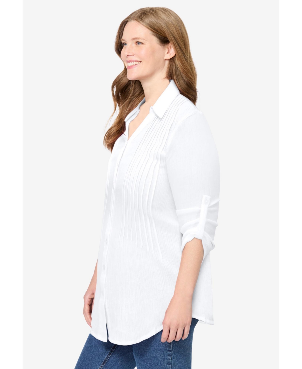 Woman Within Plus Pintucked Button Down Gauze Shirt