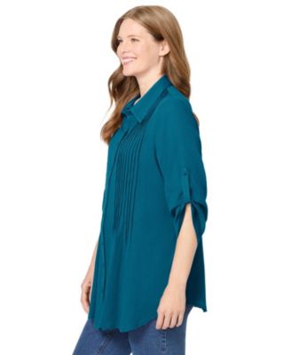 Plus Size Pintucked Button Down Gauze Shirt