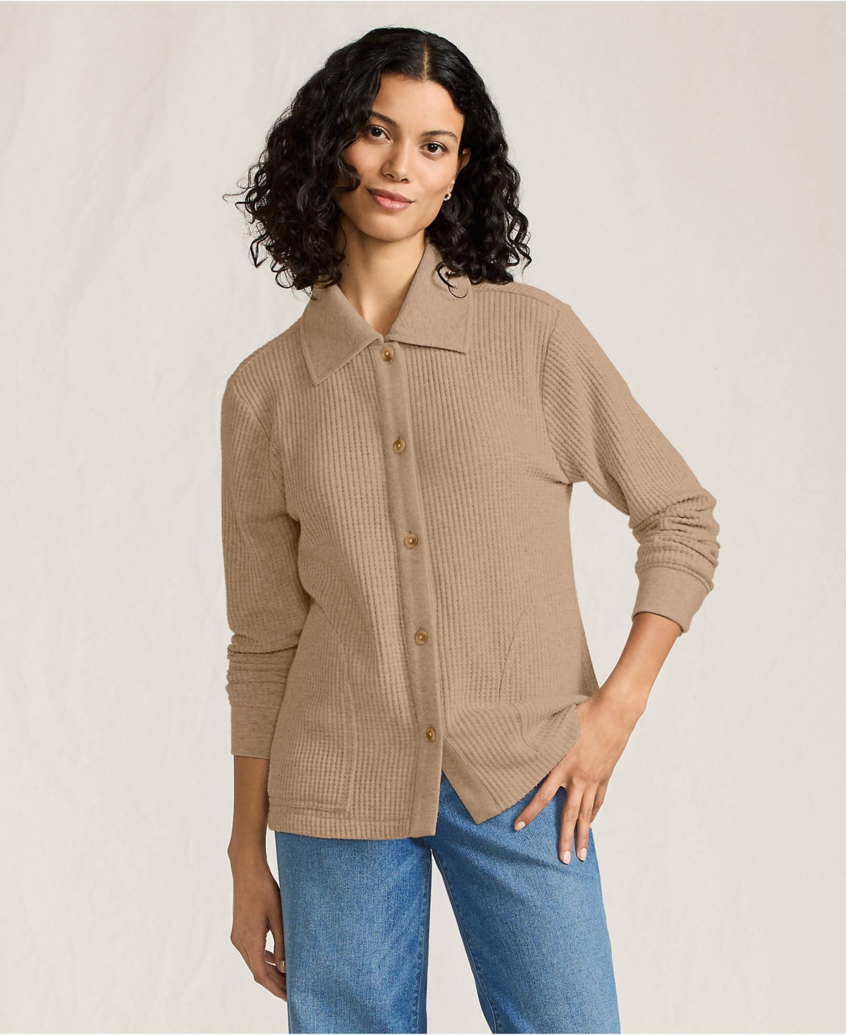 Lands' End Women's Long Sleeve Waffle Collared Shacket