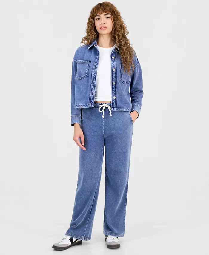 Petite Faux-Denim French Terry Wide-Leg Pants