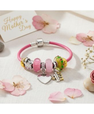 Word #1 MOM Heart Beads Charm Bracelet Sterling Silver Pink Leather 6.5-8.5 Inch