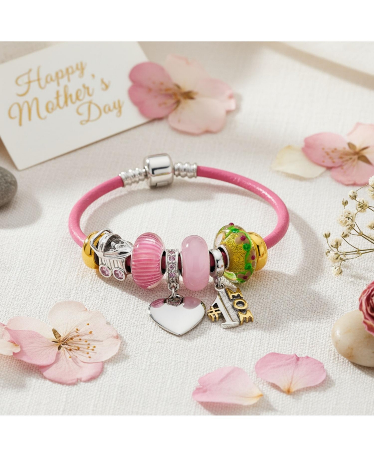 Bling Jewelry #1 Mom Family Heart Theme Beads Multi Charm Bracelet .925 Sterling Silver Pink Leather European Barrel Snap Clasp Bracelets 6.5 7 7.5 8