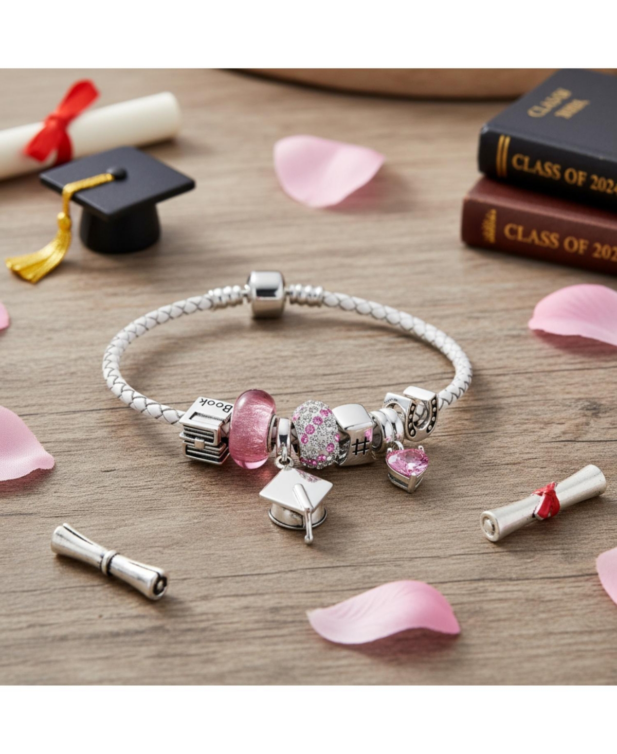 Bling Jewelry Initial Graduation Cap Honor Student Good Luck Theme Crystal European Bead Multi Charm Bangle Bracelet .925 Sterling Silver Snap Barrel