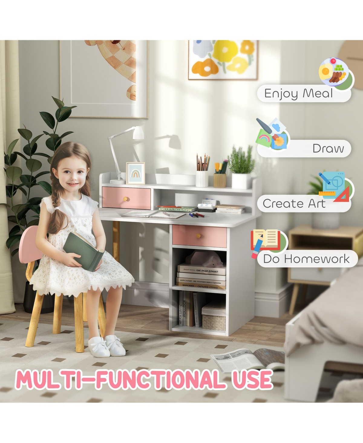 Qaba Kids Desk and Chair Set w/ Storage, for Girls Boys 3-8 Years,