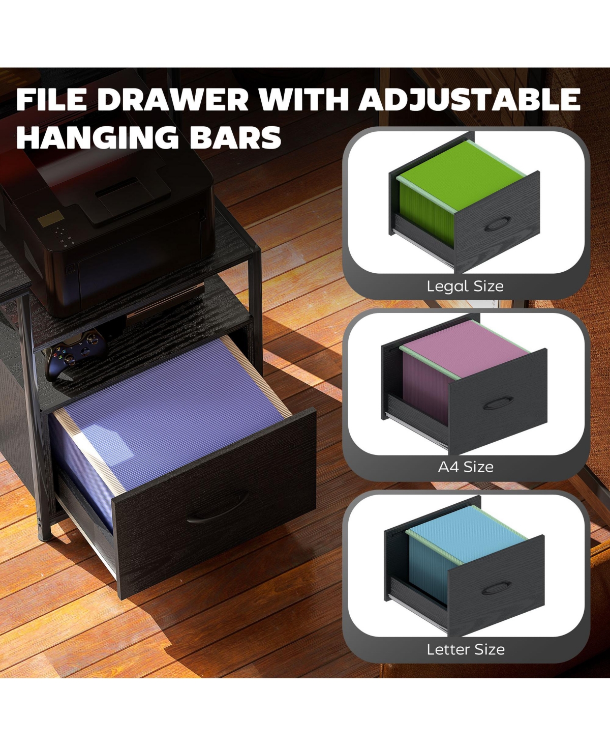 67" Computer Desk Home Office with File Cabinet Lights