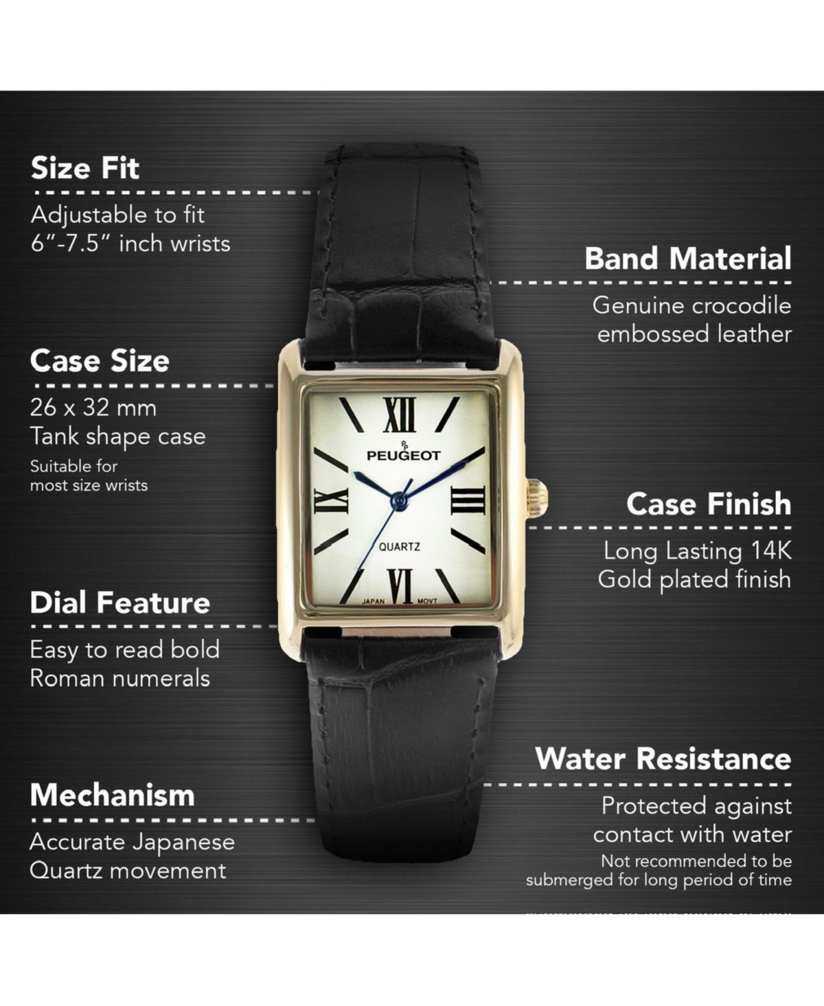 Peugeot Women's Tank Watch Roman Dial Black Leather Strap