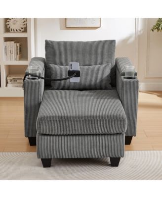 Convertible Chaise Lounge 37.4 Inches Sofa Chair Sofa Bed Corduroy Sleeper with USB Ports , Two Cup Holders, Phone Holder and Ample Storage Space