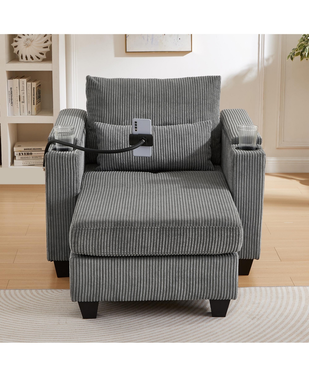 Convertible Chaise Lounge 37.4 Inches Sofa Chair Bed Corduroy Sleeper with Usb Ports , Two Cup Holders, Phone Holder and Ample Storage Space