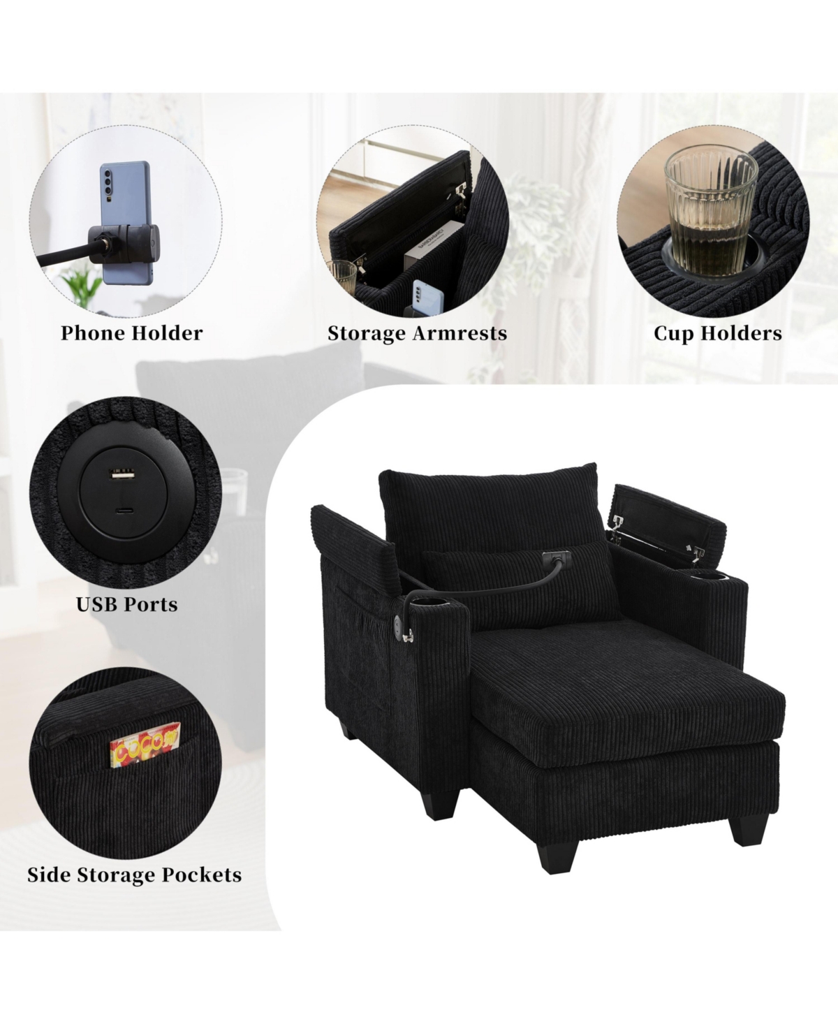 Convertible Chaise Lounge 37.4 Inches Sofa Chair Bed Corduroy Sleeper with Usb Ports , Two Cup Holders, Phone Holder and Ample Storage Space