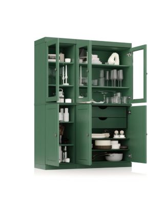 100% Solid Wood Pantry China Cabinet, Clear Glass Doors, Adjustable Shelves, 48.5" Wide, 71.5" Tall