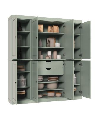 100% Solid Wood Tall Kitchen Pantry Storage Cabinet with Raised Panel Doors, 2 Drawers