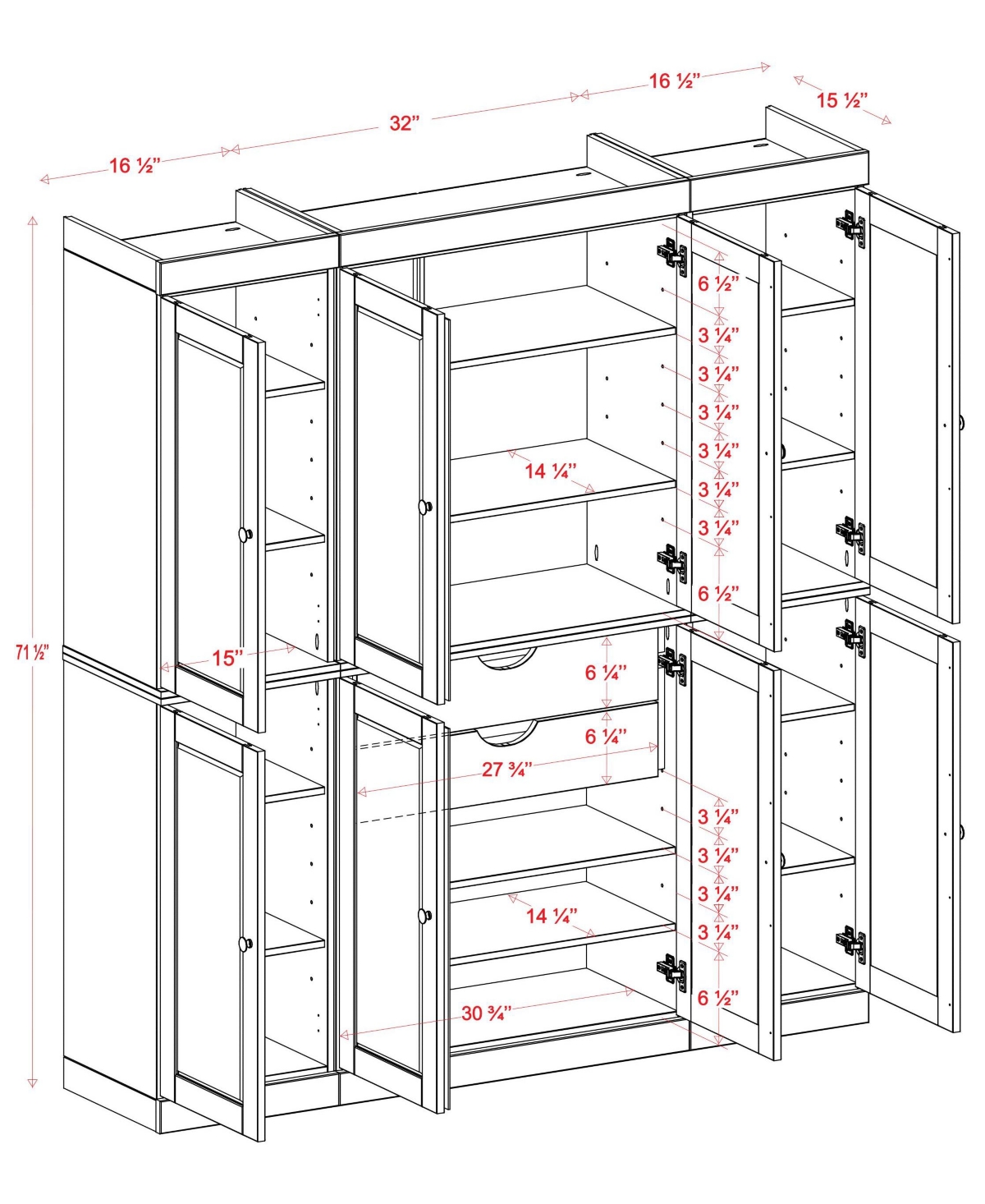 Palace Imports 100% Solid Wood 65" Pantry Cabinet with Raised Panel Doors, 2-Drawers & Adjustable Shelves