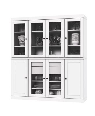 100% Solid Wood Pantry China Cabinet, Raised Panel & Clear Glass Doors, 2 Drawers, Adjustable Shelves, 65" Wide, 71.5" Tall
