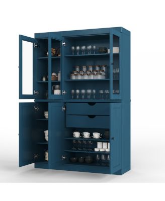 100% Solid Wood Pantry China Cabinet, Clear Glass Doors, Adjustable Shelves, 48.5" Wide, 71.5" Tall