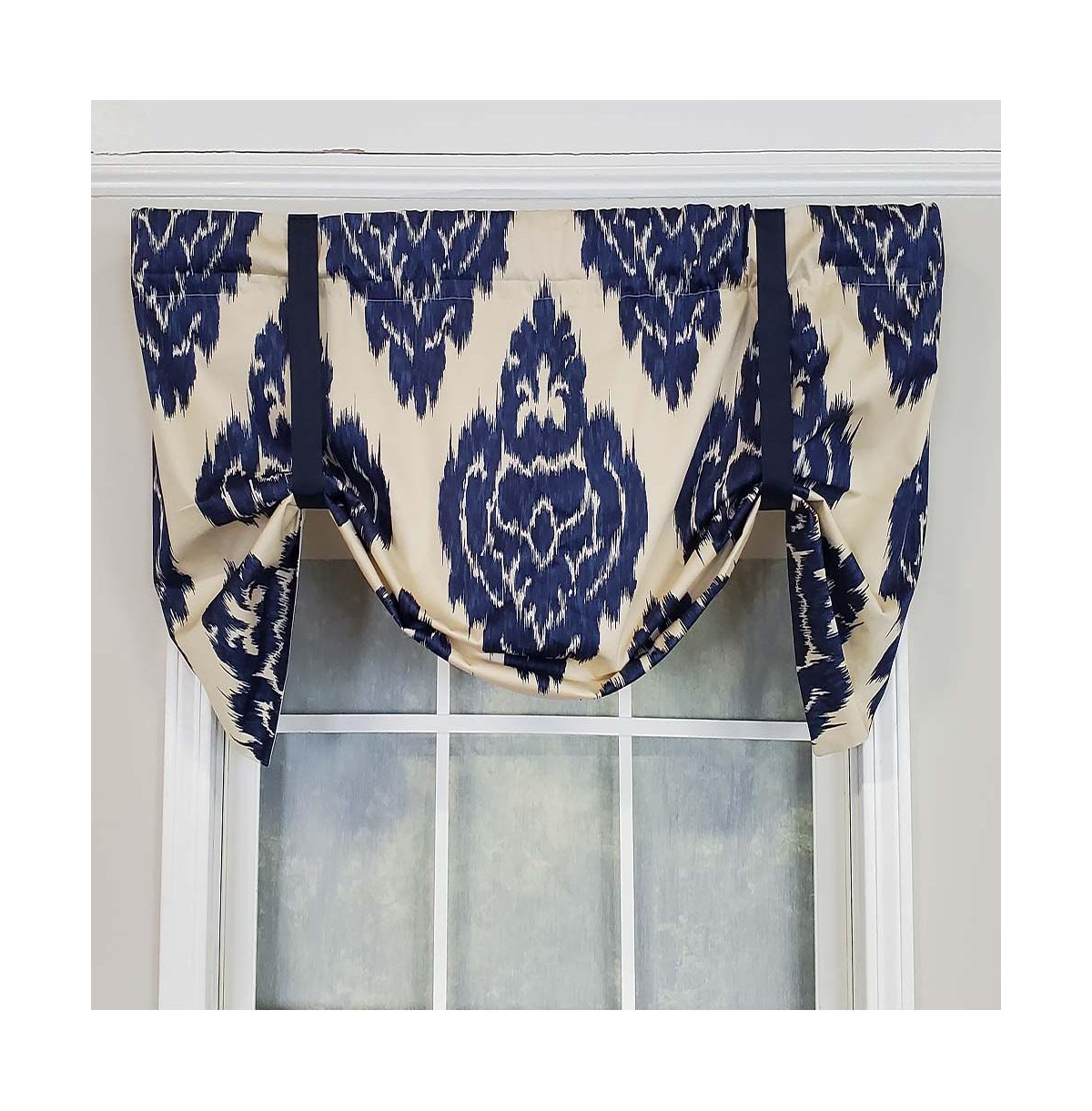 Rlf Home Flame Large Damask Flame Design Tie-Up Window Treatment Valance 3" Rod Pocket 50" x 23" Navy Blue/Ivory