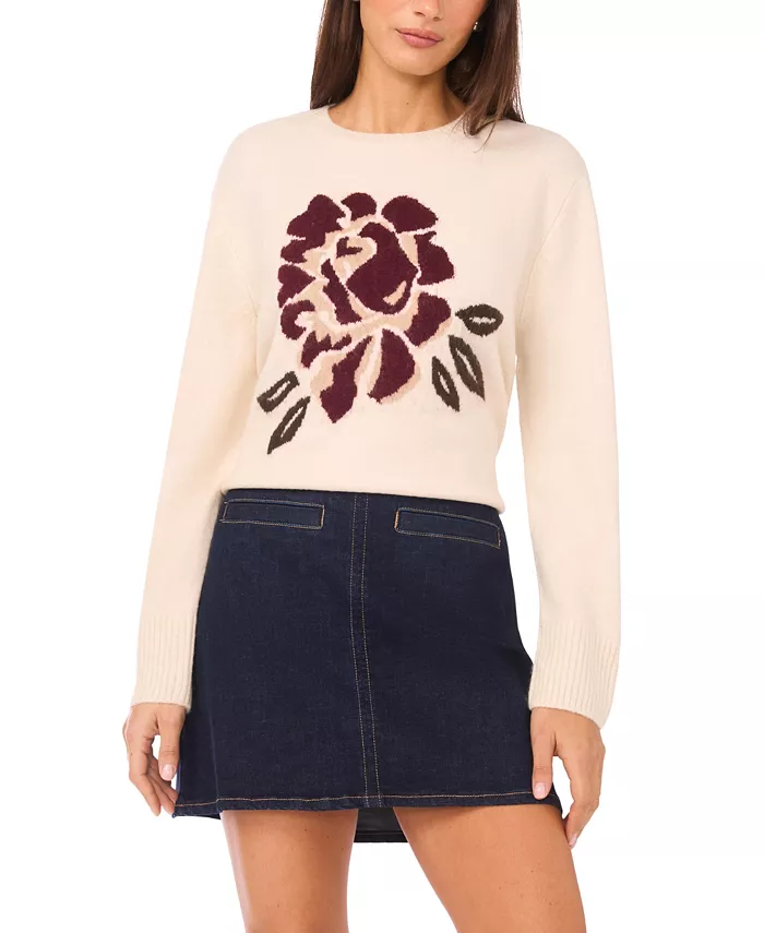 Women's Crewneck Rose Motif Long-Sleeve Sweater