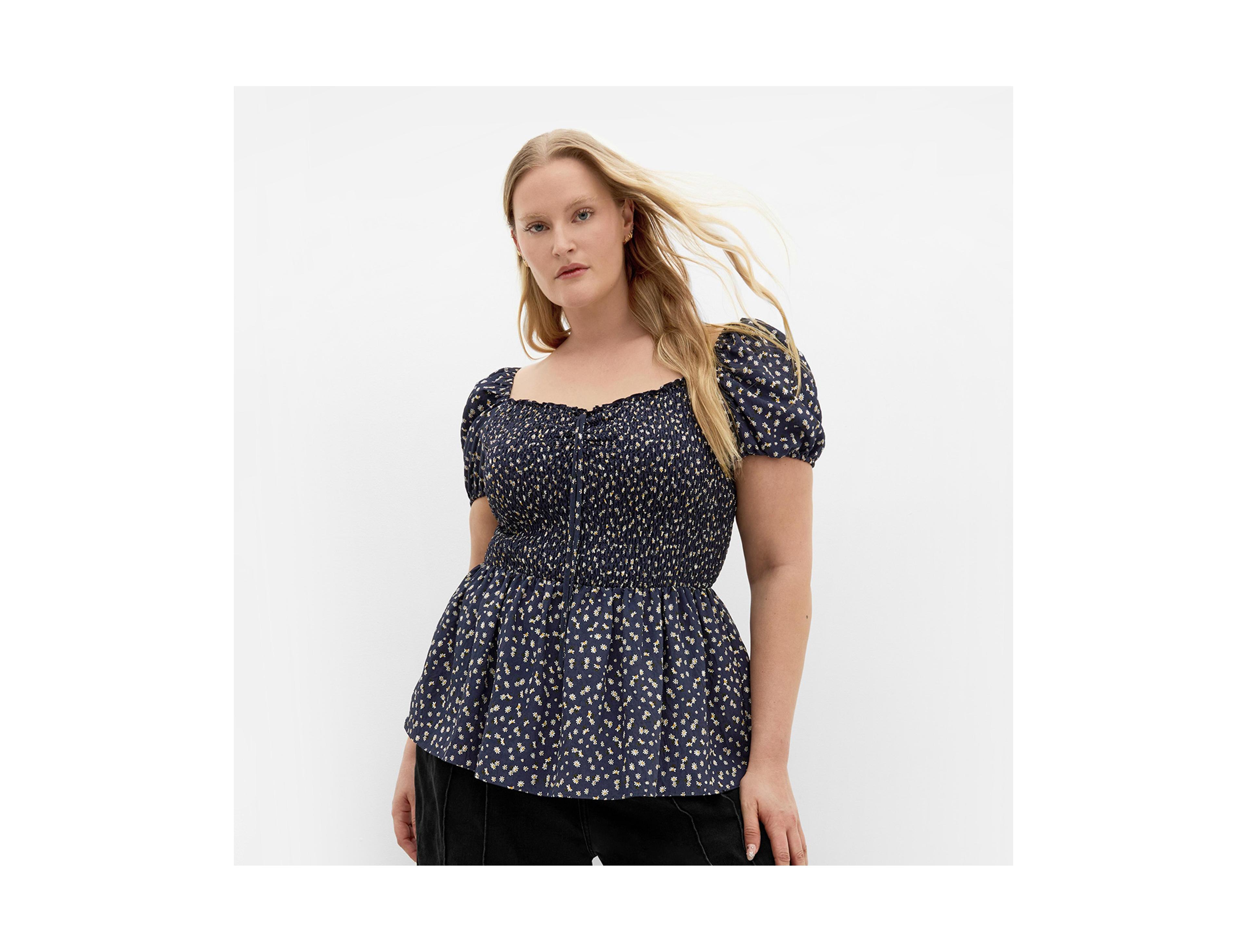 City Chic Plus Azure Shirred Print Top
