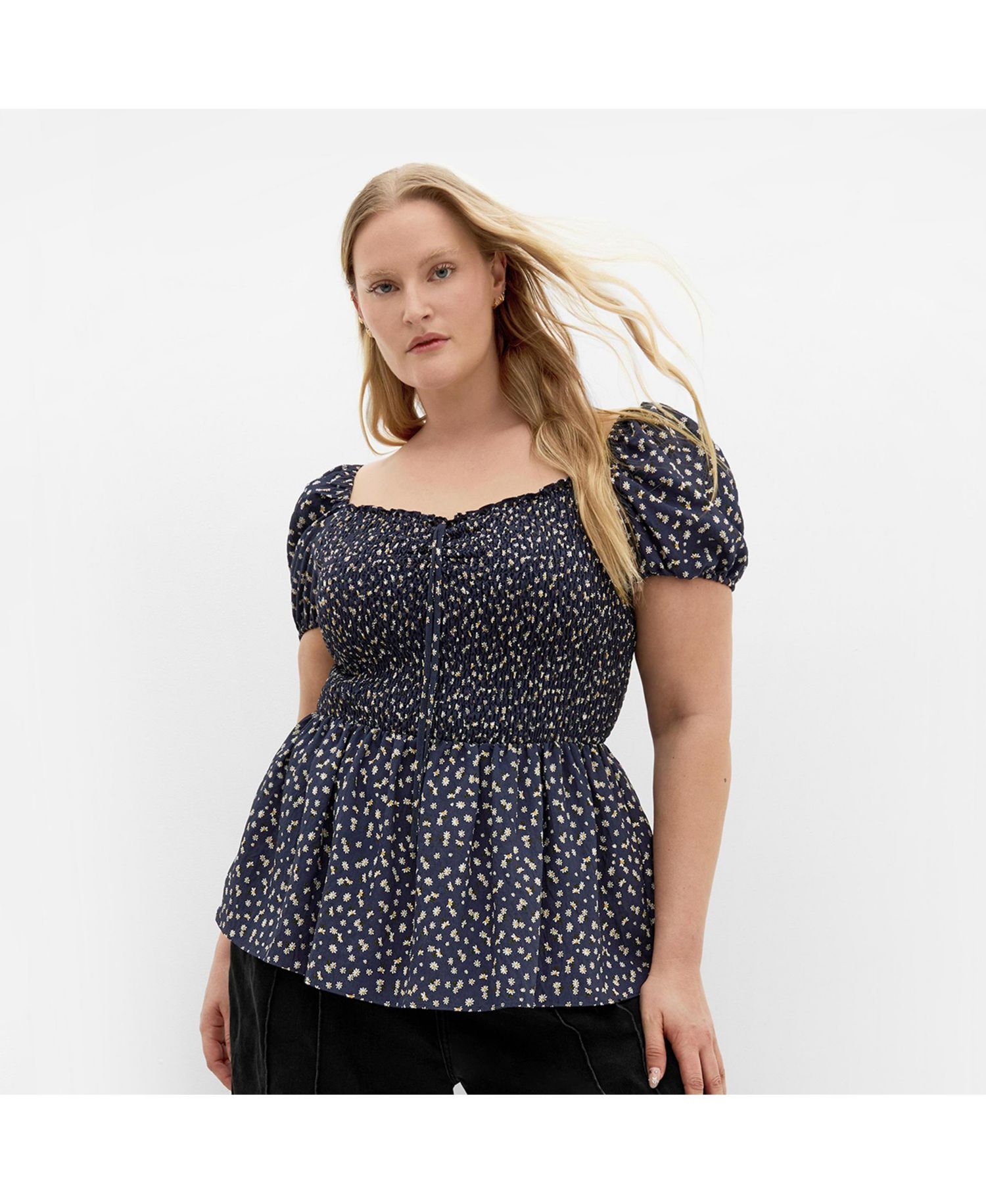 Plus Size Azure Shirred Print Top