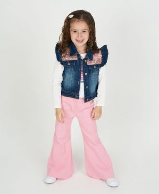 Rare Editions - Girls 4T-6X 3-Piece T-Shirt, Vest, and Bell-Bottom Pants Set