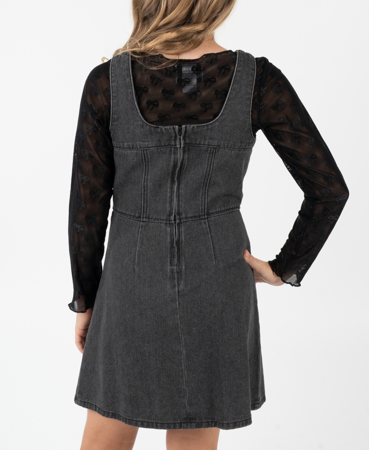 Rare Editions Girls 7-16 Mesh Long-Sleeve Top and Denim Jumper, 2-Piece Set