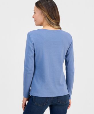 Petite Scoop-Neck Long-Sleeve Cotton Top