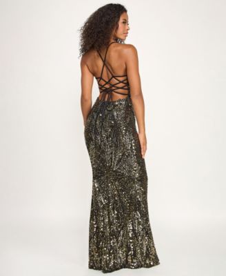 Junior's Sequin Back Lace Up Gown
