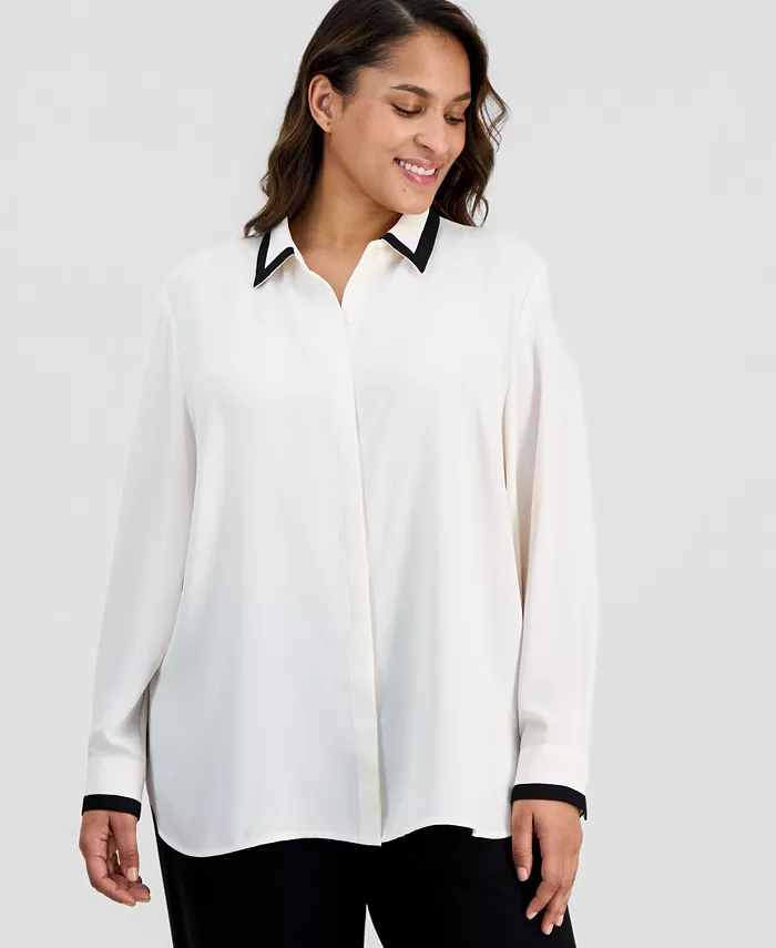 Plus Size Spread-Collar Button-Front Blouse