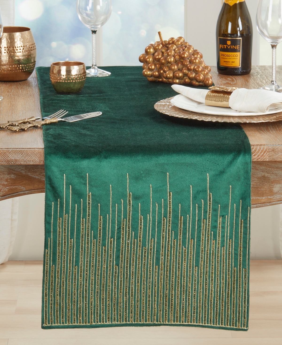 Saro Lifestyle Velvet Beaded Lines Table Runner, 16" x 72"