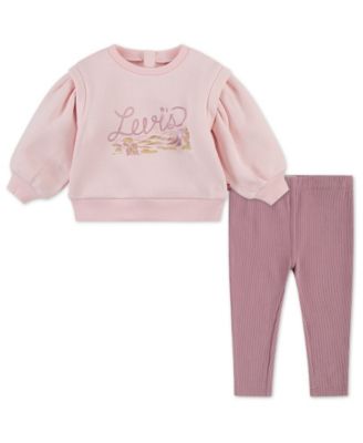 Levi's - Baby Girls 2-Piece Blouson-Sleeve Crewneck Top and Pants Set