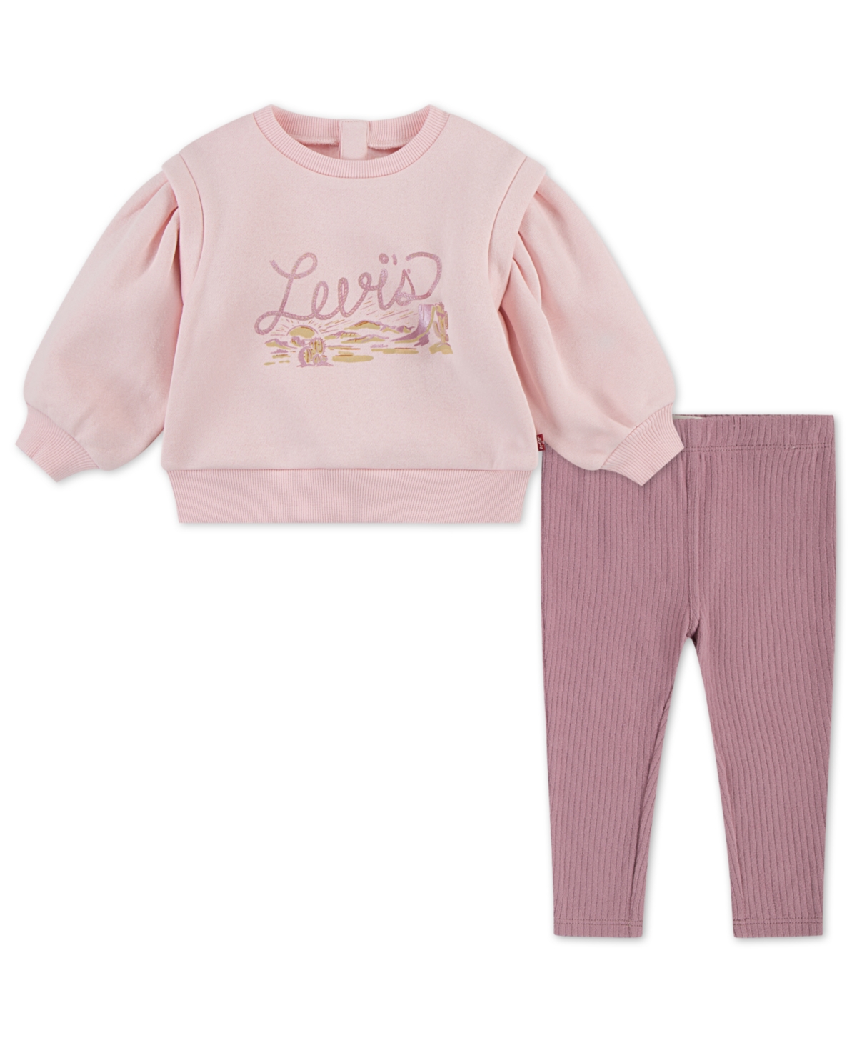 Levi's Baby Girls Blouson-Sleeve Crewneck Top and Pants, 2-Piece Set