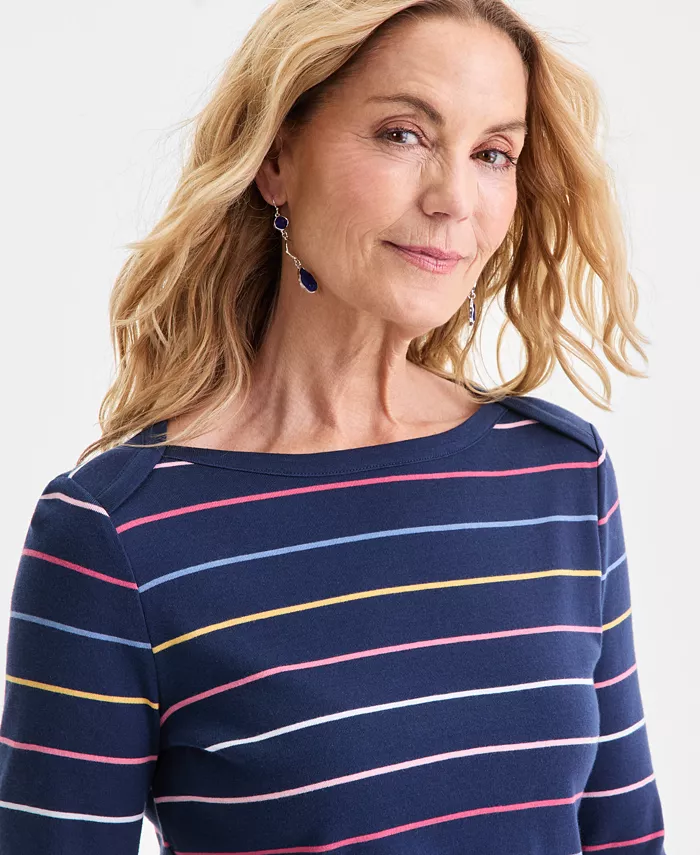 Women's Printed Pima Cotton 3/4 Sleeve Boat-Neck Top - thumbnail 3