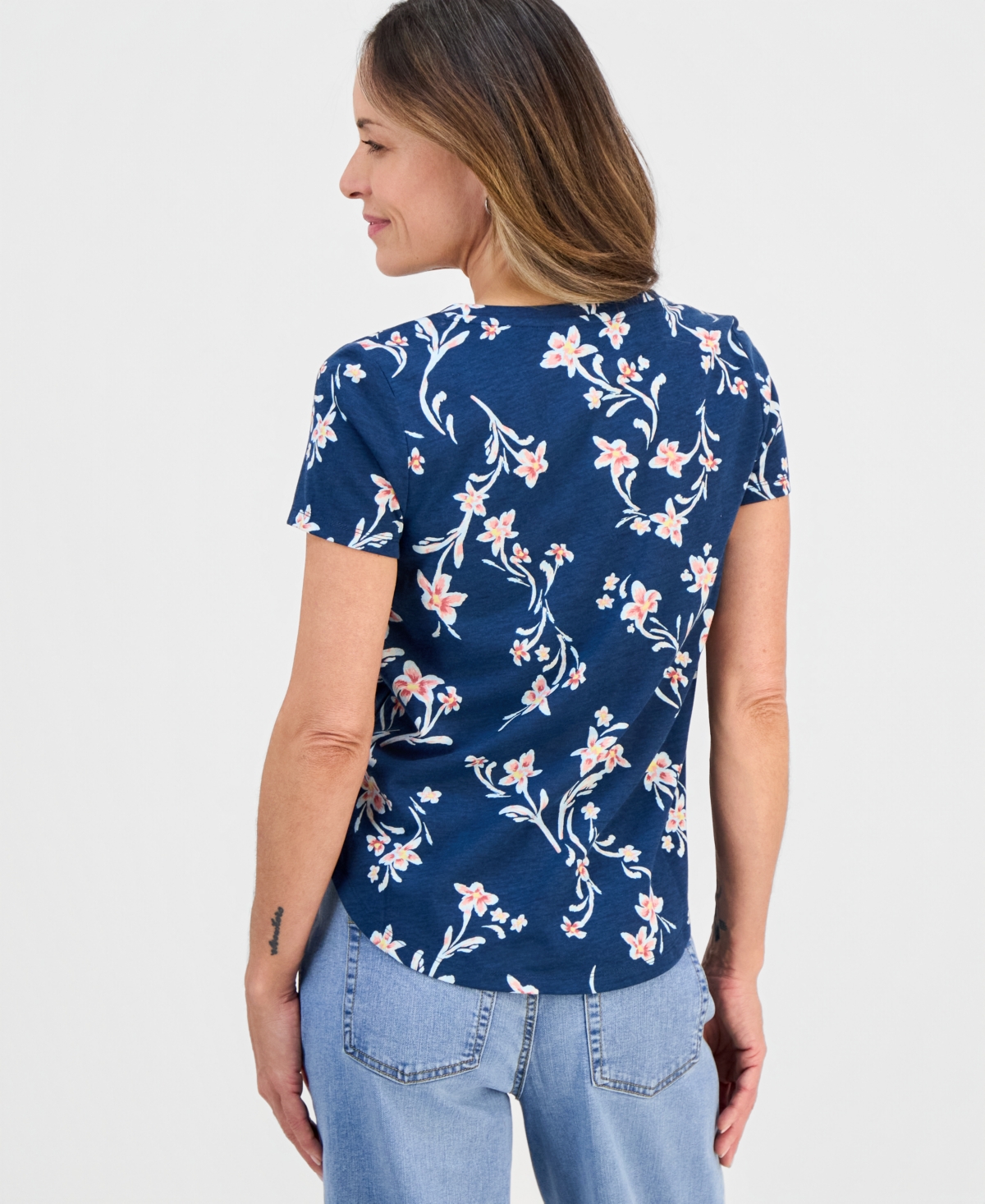 Style & Co Petite Floral Sketch Perfect T-shirt, Macy's Exclusive In Blue