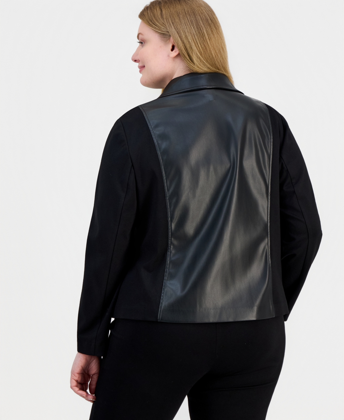 Ak Anne Klein Plus Faux-Leather Mixed-Media Quilted-Front Moto Jacket