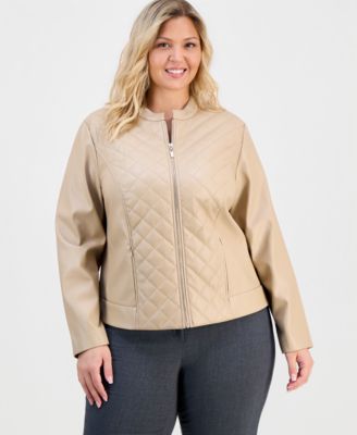 Plus Size Faux-Leather Quilt-Front Zip-Front Jacket 