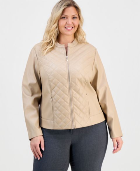 Женские куртки Anne Klein Essentials Plus Size Faux-Leather Quilt-Front Zip-Front Jacket