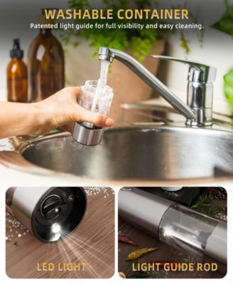 95-ml Rechargeable Electric Salt and Pepper Grinder Set – Stainless Steel Mills with LED Light and Adjustable Coarseness Charging Base