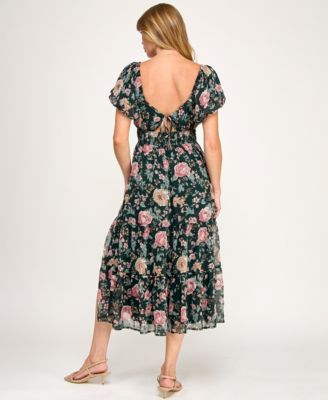 Juniors' Puff Sleeve Twist Front Midi Dress