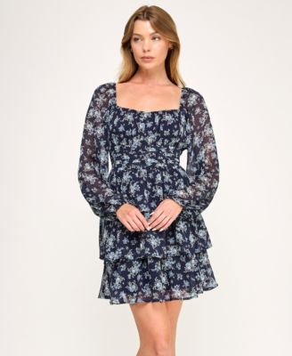 Juniors' Long-Sleeve Pleated Waist Dress