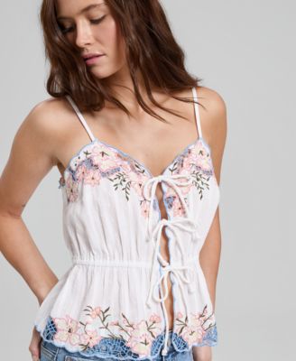 Women's Cotton Embroidered Tie-Front Peplum Tank Top, Macy's Exclusive