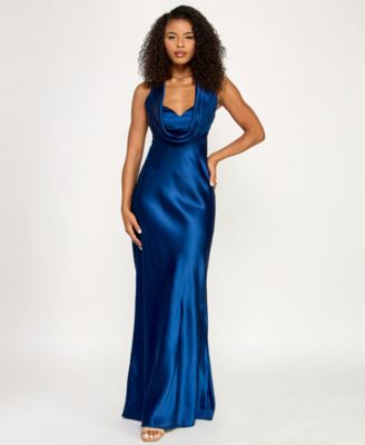 Juniors' Satin Cowl-Neck Halter Gown