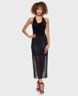 Juniors' Fitted Sequin Back-Slit Midi Skirt